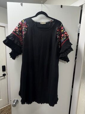 Boho Black Mini Dress with Floral Embroidered Ruffle Sleeves